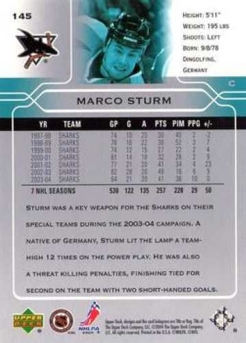 2004-05 Upper Deck #145 Marco Sturm San Jose Sharks (Base-Card)