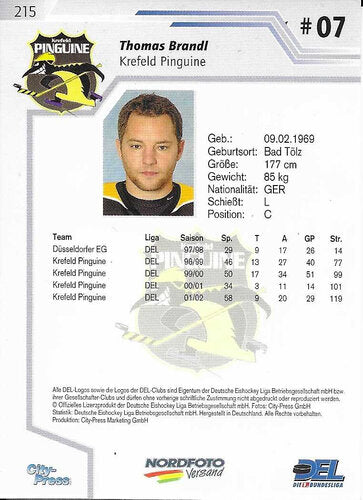 Playerkarte 2002/2003 #215 Thomas Brandl Krefeld Pinguine