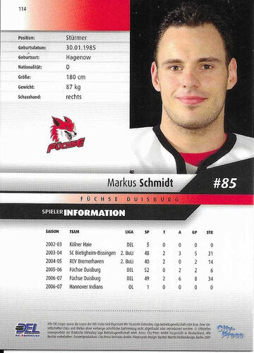 2007-08 Playercards DEL #114 Markus Schmidt EV Duisburg