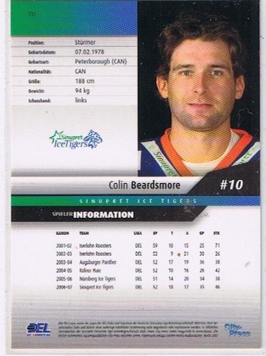 Playerkarte 2007/2008 #235 Colin Beardsmore  Sinupret Ice Tigers.