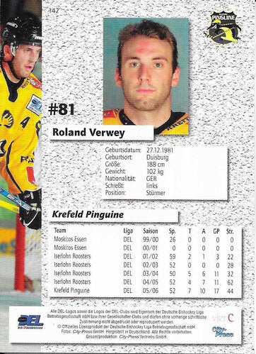 Playerkarte Roland Verwey #142 – DEL 2006/07 – Krefeld Pinguine