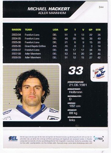 Playerkarte 2009/2010  #344 Michael Hackert Adler Mannheim