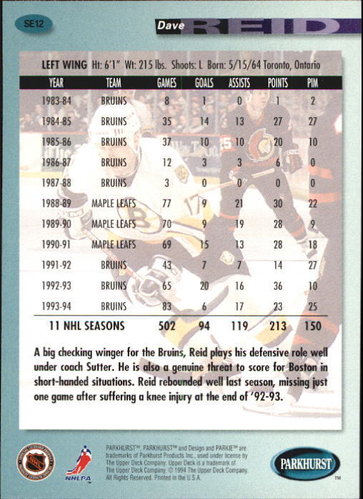 Playerkarte 1994-95 Parkhurst SE #SE12 David Reid
