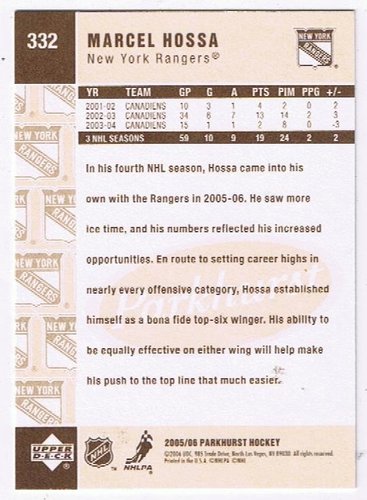 2005-06 Parkhurst #332 Marcel Hossa New York Rangers (Base Card)