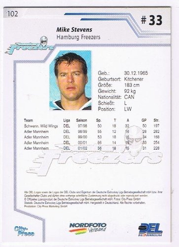 DEL Playerkarte Mike Stevens Hamburg Freezers 2002/03 #102