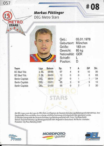 Playerkarte #057 Markus Pöttinger – DEG Metro Stars 2002/2003