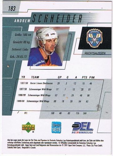 DEL Playercard 2000/01 Andrew Schneider #183 München Barons