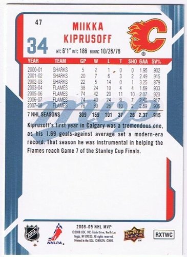 Upper Deck MVP 2008/2009 Miika Kiprusoff Flames