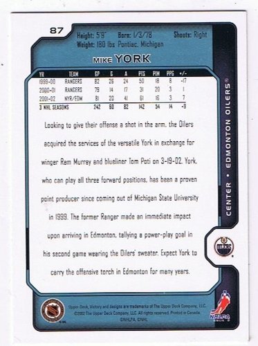 2002/2003 Upper Deck Victory #87 – Mike York – Edmonton Oilers