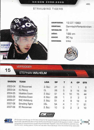 Stephan Wilhelm Playerkarte 2008-09 Straubing Tigers #495
