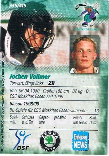 Jochen Vollmer Playerkarte DEL 1999/2000 – Moskitos Essen Sammlerstück