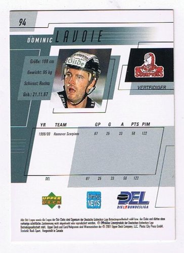 DEL Playerkarte Dominic Lavoie – Hannover Scorpions 2000/2001