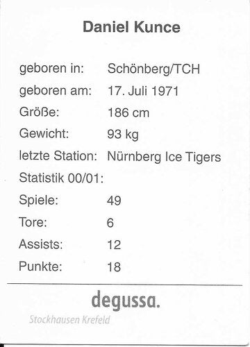 Autogrammkarte Daniel Kunce – Krefeld Pinguine 2001/2002