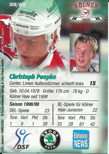 Playerkarte 1999/2000 #108 Christoph Paepke Kölner Haie