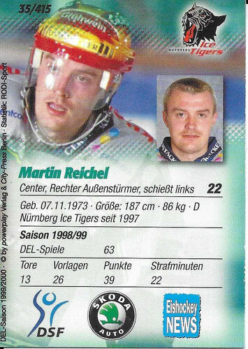 DEL Playerkarte Martin Reichel #35 Nürnberg Ice Tigers 1999/2000