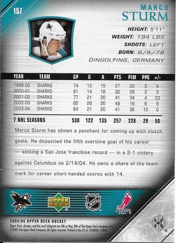 05-06 Upper Deck #157 Marco Sturm San Jose (Base-Card)