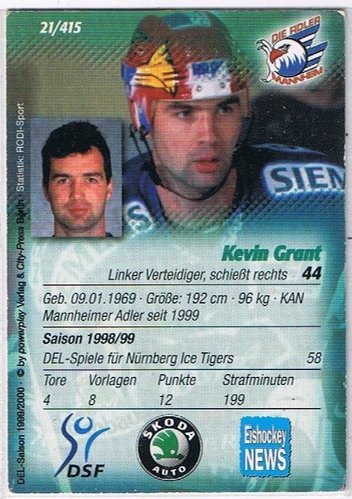 DEL Playerkarte Kevin Grant #21 Adler Mannheim 1999/2000