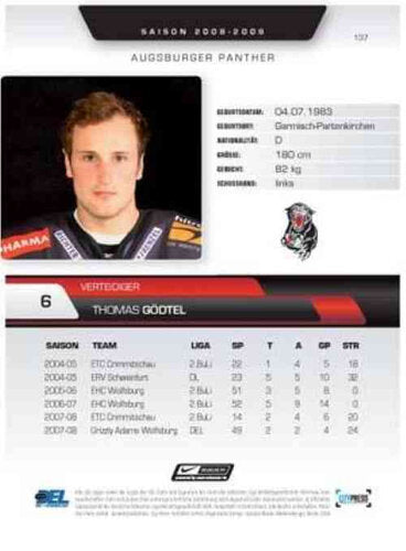 2008/2009 City-Press #137 Thomas Gödtel – Augsburger Panther (Base Card)