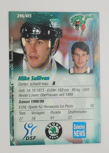 1999/2000 Powerplay #296 Mike Sullivan – Revier Löwen Oberhausen (Base Card)