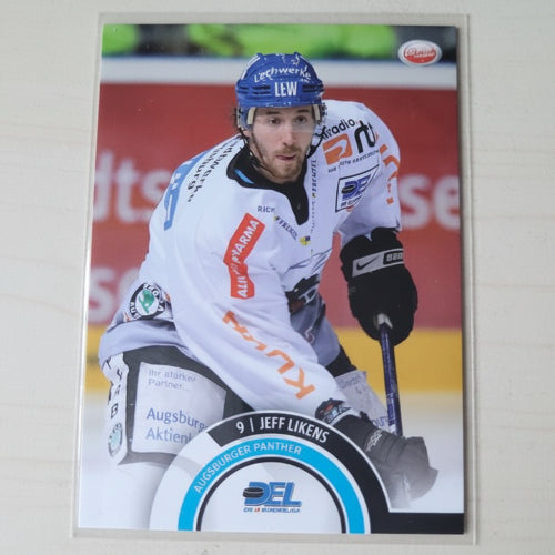 Originale DEL Eishockey Sammelkarte von Jeff Likens der Augsburger Panther aus der Saison 2008/2009, Vorderseite mit Aktionsfoto im Trikot auf dem Eis.