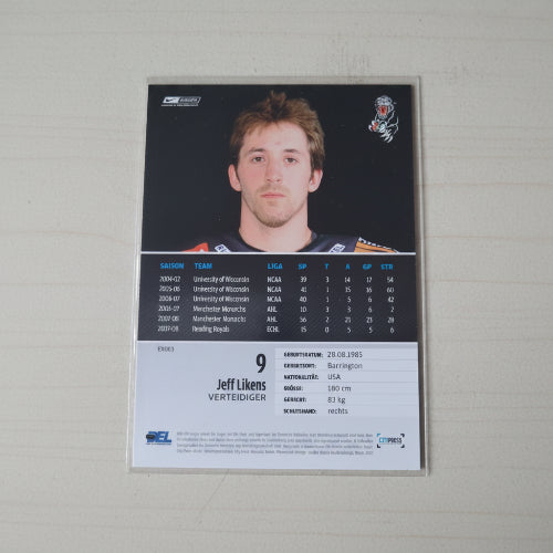 Originale DEL Eishockey Sammelkarte von Jeff Likens der Augsburger Panther aus der Saison 2008/2009 mit Spielerstatistiken, Rückansicht
