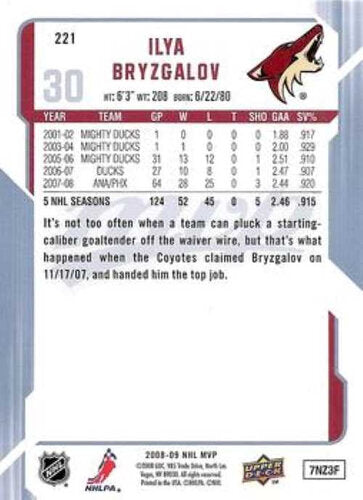 2008-09 Upper Deck MVP #221 Ilya Bryzgalov Phoenix Coyotes