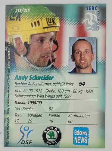 DEL Playerkarte Saison 1999/2000 Andy Schneider – Schwenninger Wild Wings – Powerplay – Nr. 215