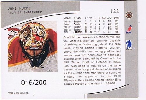 Jani Hurme Playerkarte – BAP Ruby Memorabilia 2003/04 Atlanta Thrashers