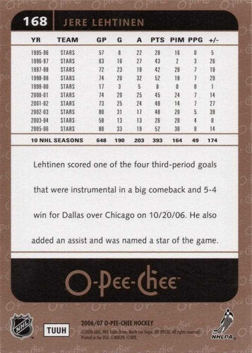 2006-07 O-Pee-Chee #168 Jere Lehtinen Dallas Stars NHL Playerkarte