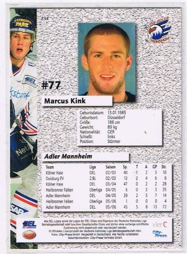 Marcus Kink Playerkarte – DEL 2006/2007 Adler Mannheim #334