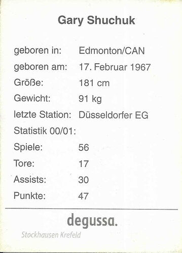 Autogrammkarte Gary Shuchuk – Krefeld Pinguine – 2001/2002