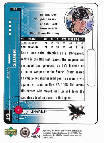 98-99 UD MVP #172 Marco Sturm San Jose (Base-Card)