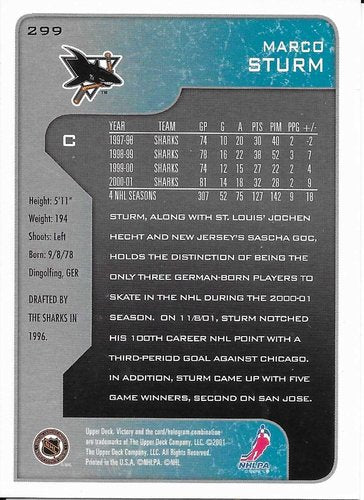 2001-02 Upper Deck Victory #299 Marco Sturm San Jose Sharks (Base Card)