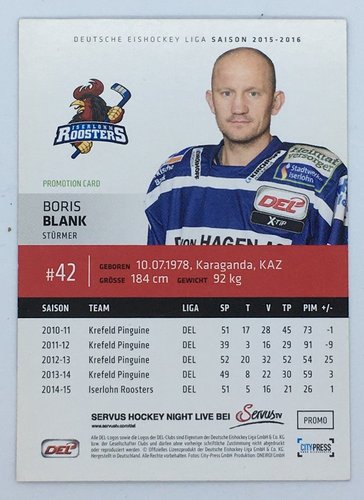 Playerkarte 2015/2016 Promotion Card Boris Blank signiert Iserlohn Roosters
