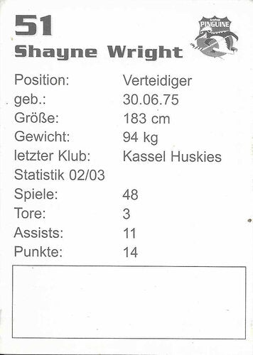 Autogrammkarte Shayne Wright 2003-04 Krefeld Pinguine