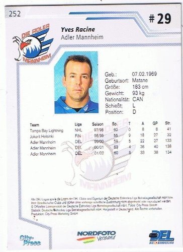 Playerkarte 2002/2003 #252 Yves Racine Adler Mannheim