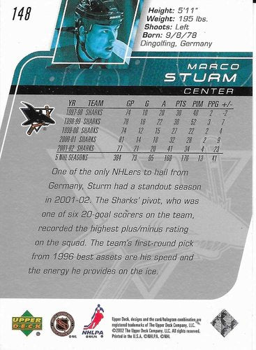 2002-03 Upper Deck #148 Marco Sturm San Jose Sharks (Base Card)