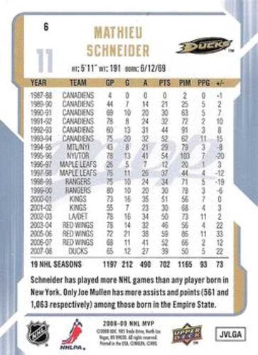 2008-09 Upper Deck MVP #6 Mathieu Schneider Anaheim Ducks