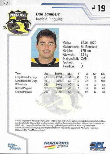 DEL Playerkarte 2002/03 Dan Lambert #222 – Krefeld Pinguine Sammlerkarte
