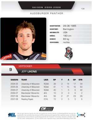 2008/2009 City-Press #138 Jeff Likens – Augsburger Panther (Base Card)