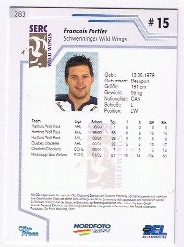 2002-03 DEL Playercards #283 Francois Fortier Schwenninger Wild Wings (Base Card)