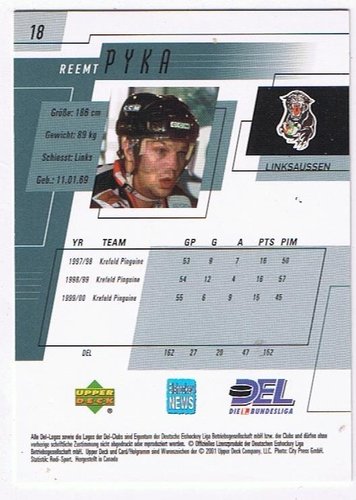 2000/2001 Upper Deck #018 Reemt Pyka – Augsburger Panther (Autograph Card)