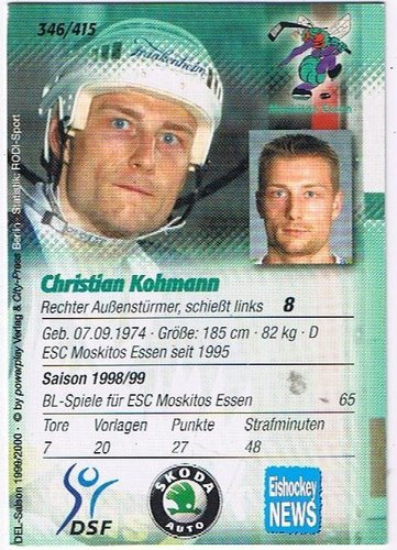 Christian Kohmann Playercard DEL 1999/00 – Moskitos Essen Sammlerstück