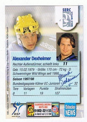 1998/1999 Schirner #218 Alexander Dexheimer – Schwenninger Wild Wings (Base Card)