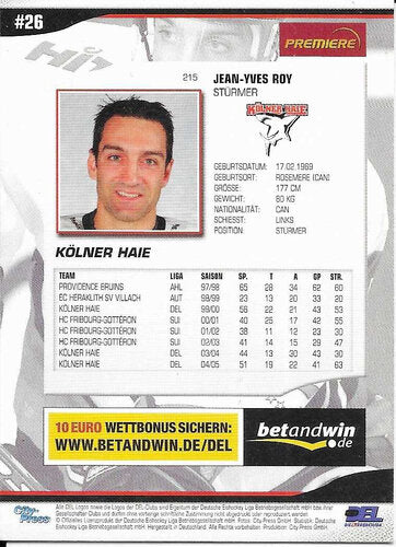 Jean-Yves Roy Playerkarte 2005/2006 #215 Kölner Haie DEL Sammlerstück