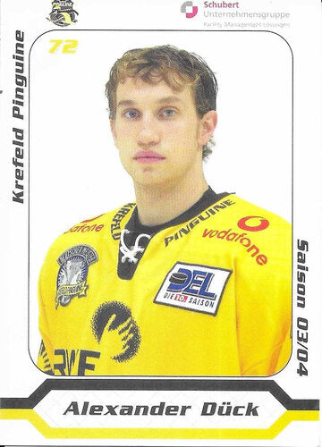 Autogrammkarte Alexander Dück Krefeld Pinguine Saison 2003/2004 7x9,5 cm