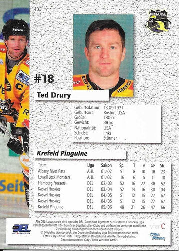 Playerkarte Ted Drury #133 – Krefeld Pinguine – 2006/2007 – City Press