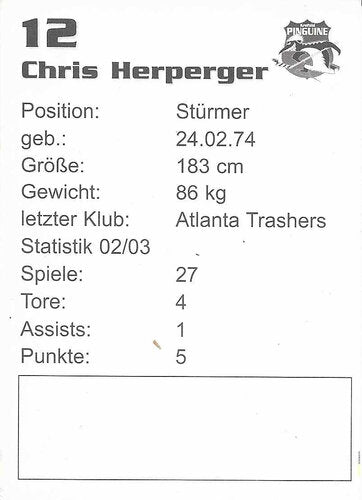 Autogrammkarte Chris Herperger 2003-04 Krefeld Pinguine