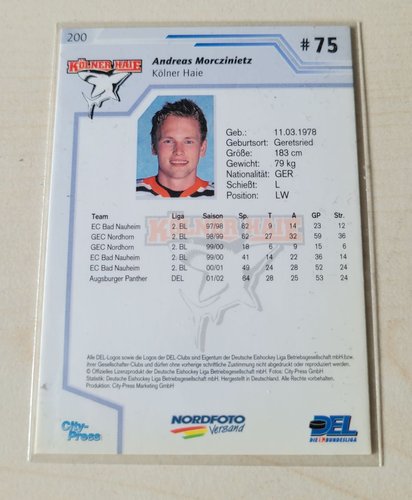 Playerkarte 2002/2003 #200 Andreas Morczinietz Kölner Haie