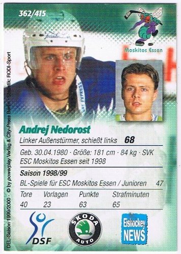 DEL Playercard Andrej Nedorost 1999/00 Moskitos Essen Powerplay #362